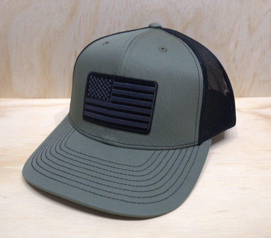 Black White American Flag Trucker Hat Green & Black