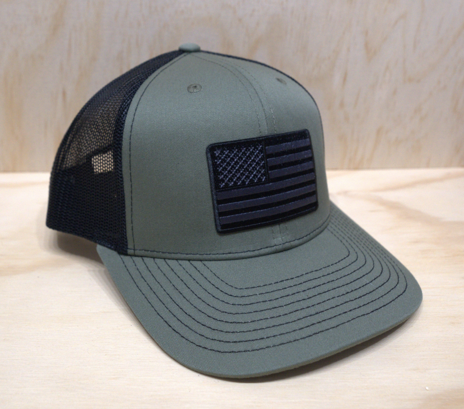 Black White American Flag Trucker Hat Green & Black