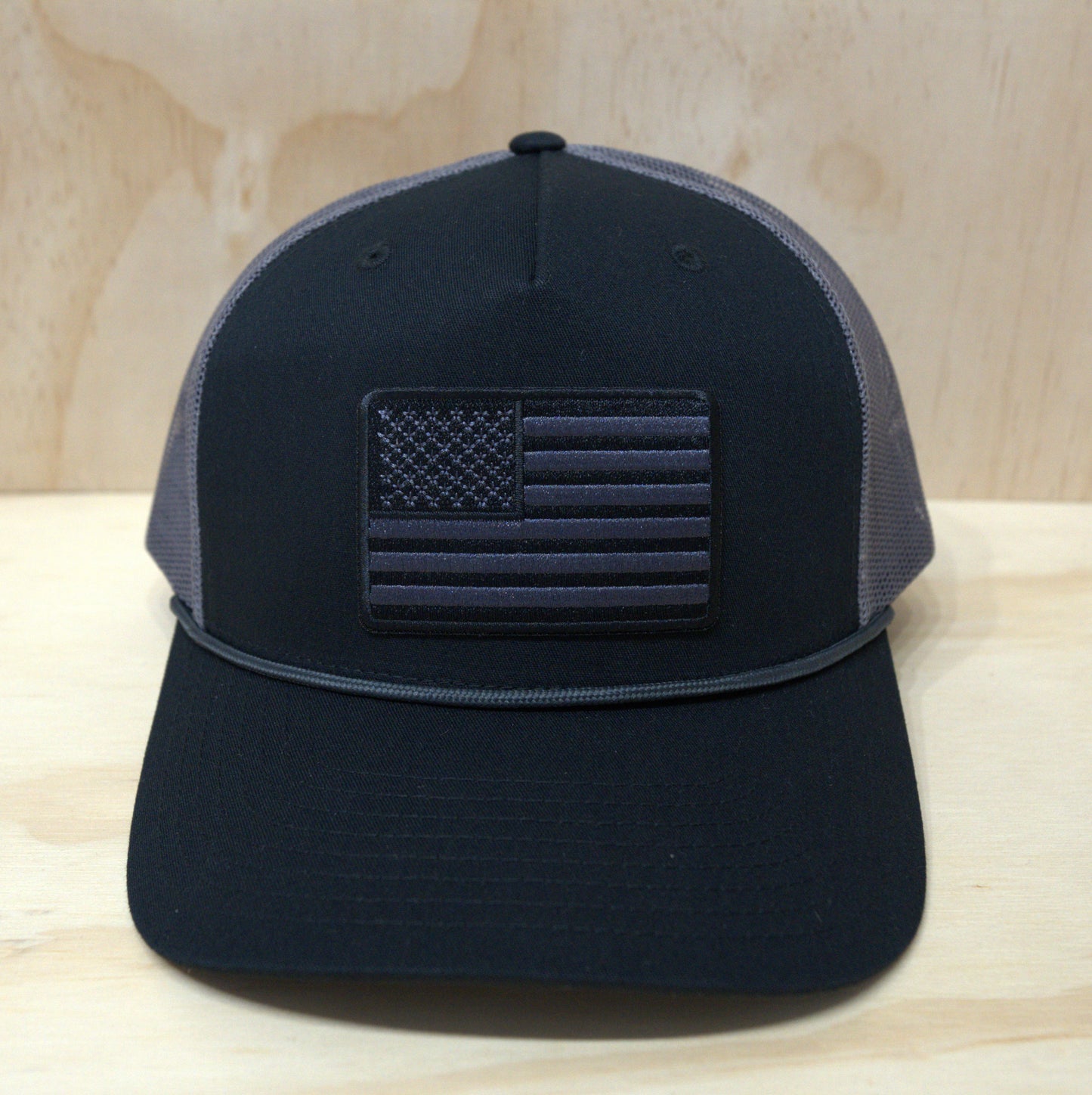 Black White American Flag Trucker Hat Black on Grey Rope