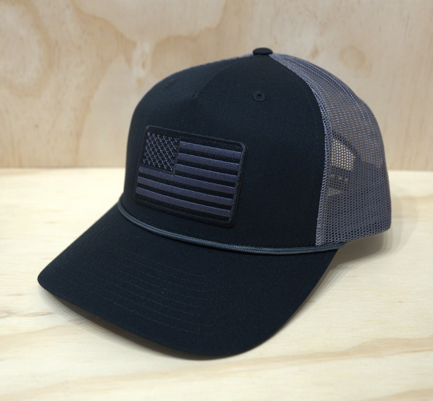 Black White American Flag Trucker Hat Black on Grey Rope