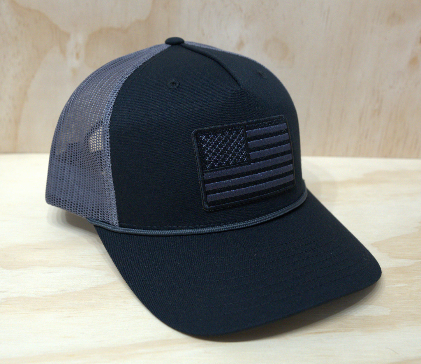 Black White American Flag Trucker Hat Black on Grey Rope
