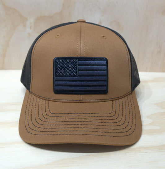 Black White American Flag Trucker Hat Caramel on Black