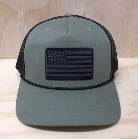 Black White American Flag Trucker Hat Green & Black Rope