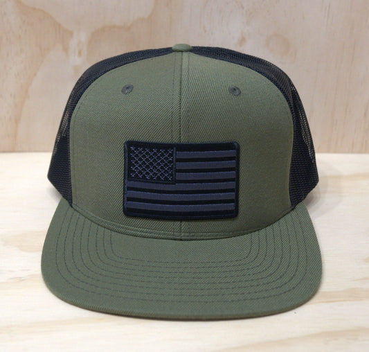 Black White American Flag Trucker Hat Green & Black Flatbill