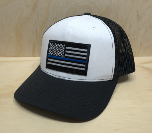 Black White American Flag Blue Stripe Trucker Hat White on Black