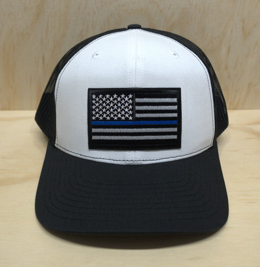 Black White American Flag Blue Stripe Trucker Hat White on Black