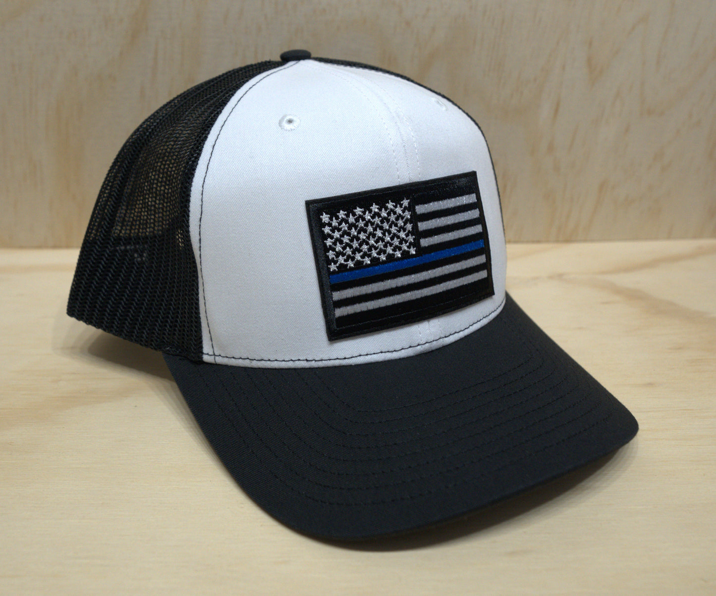 Black White American Flag Blue Stripe Trucker Hat White on Black